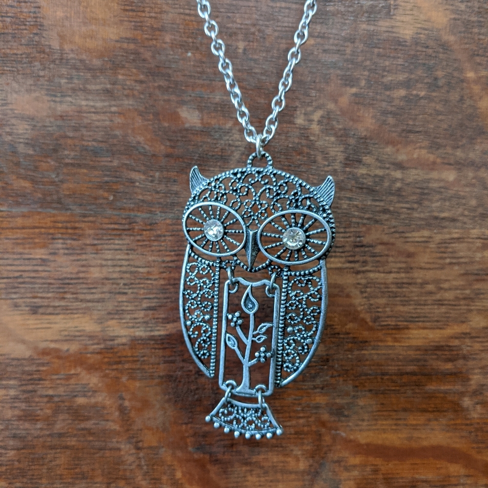 Long Silver Owl Necklace